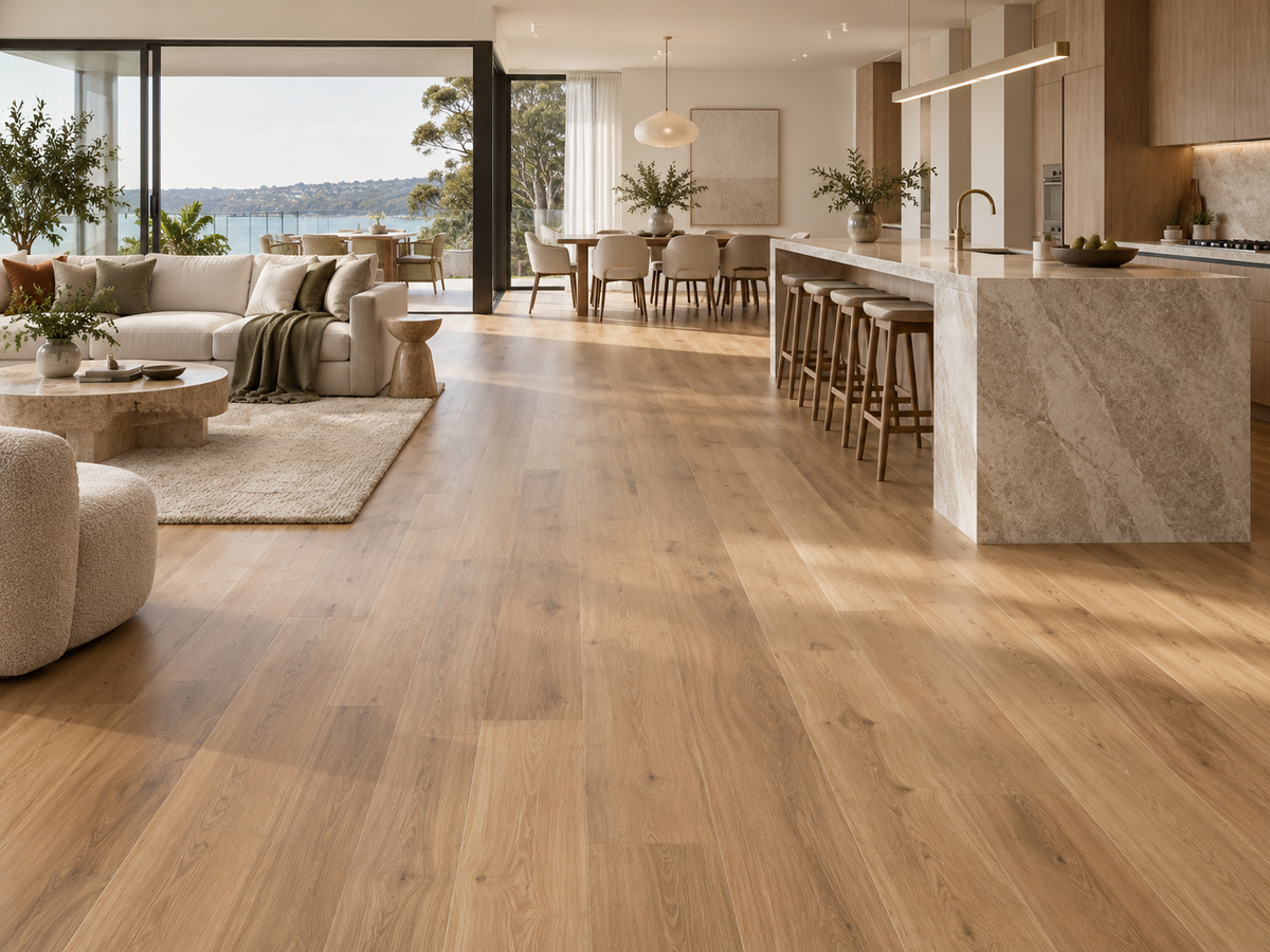 Classic Oak hybrid flooring installed in a premium open-plan Australian home