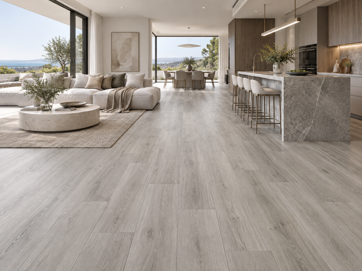 Grey Ghost hybrid flooring installed in a premium open-plan Australian home