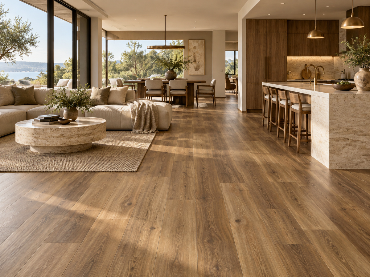 NSW Spotted Gum hybrid flooring installed in a premium open-plan Australian home