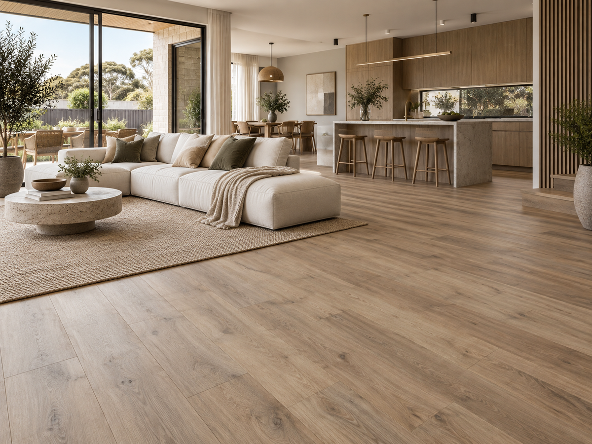 Salem Oak hybrid flooring installed in a premium open-plan Australian home