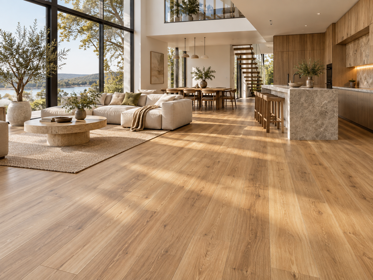 Blackbutt hybrid flooring installed in a premium open-plan Australian home