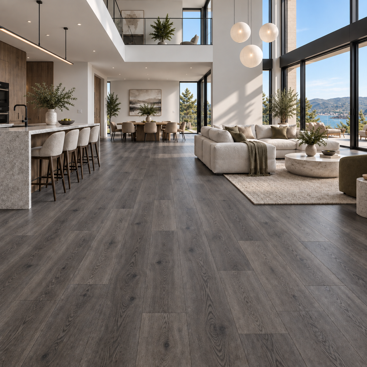 Grey Oak Hybrid Flooring 7mm in a premium sunlit coastal interior