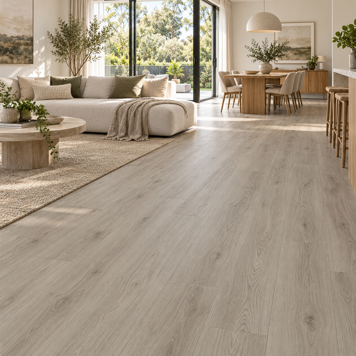 Grey Oak Hybrid Flooring 7mm in a bright modern living space