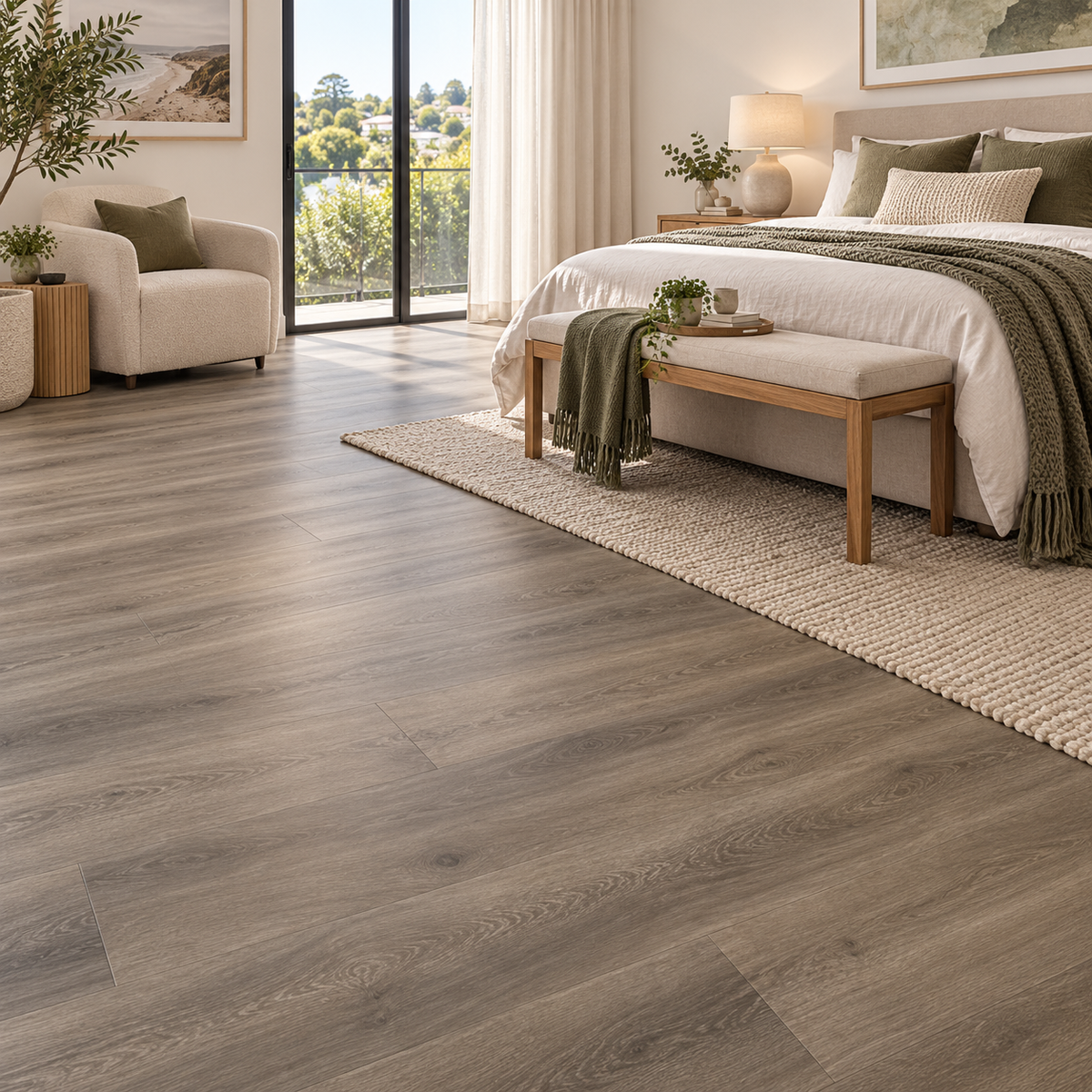 Hatton Oak Hybrid Flooring 7mm in a luxury bedroom interior