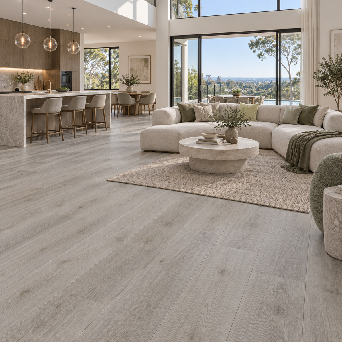 Arctic Grey Hybrid Flooring 7mm in a premium open-plan Australian living room