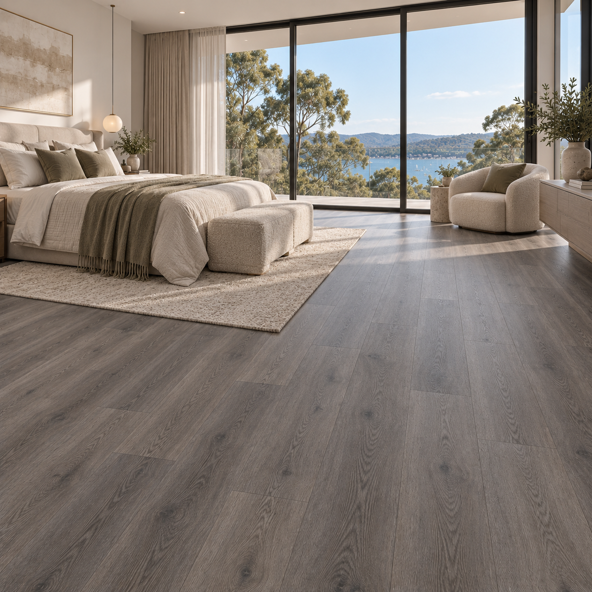 Dim Grey Hybrid Flooring 7mm in a luxury bedroom interior