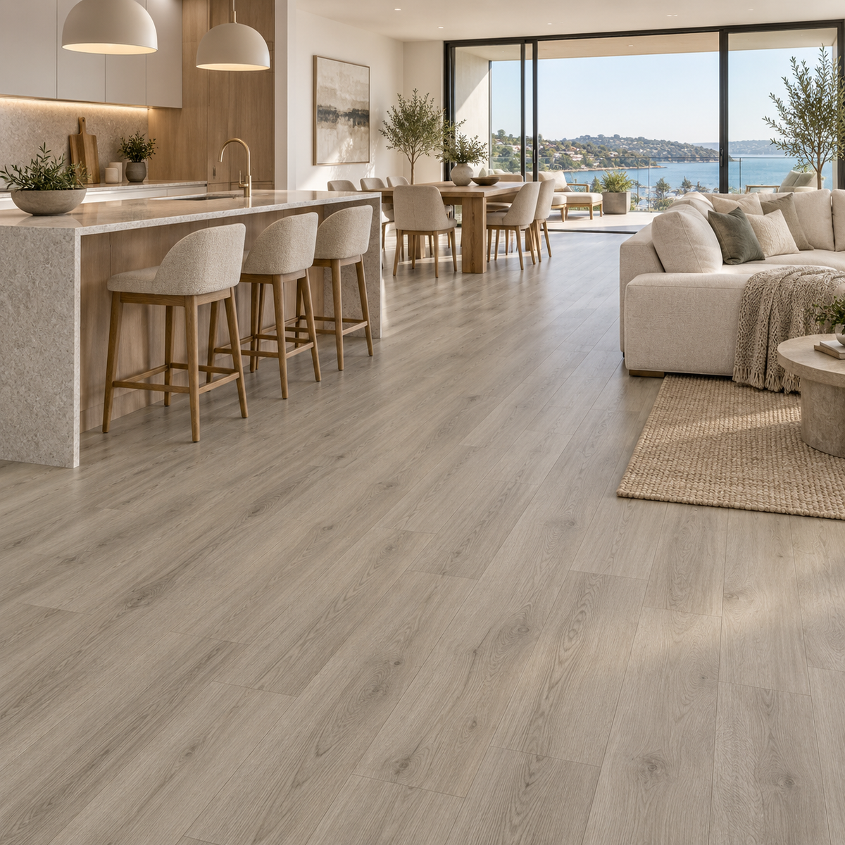 Moon Grey Hybrid Tile Flooring 7mm in a premium open-plan interior