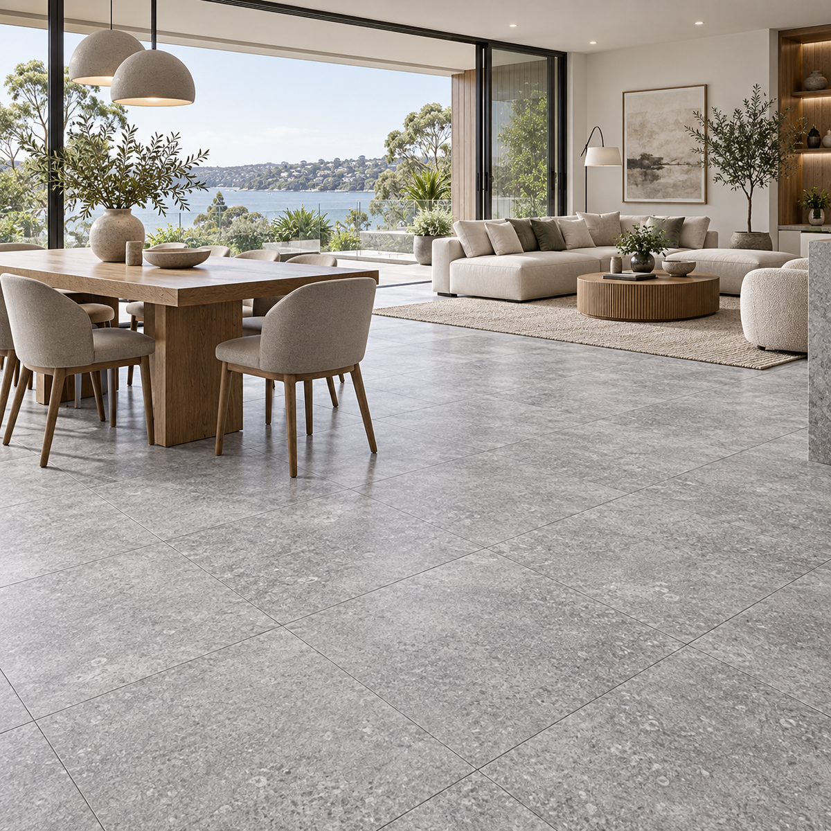 Moon Grey Hybrid Tile Flooring 7mm in a luxury living and dining space