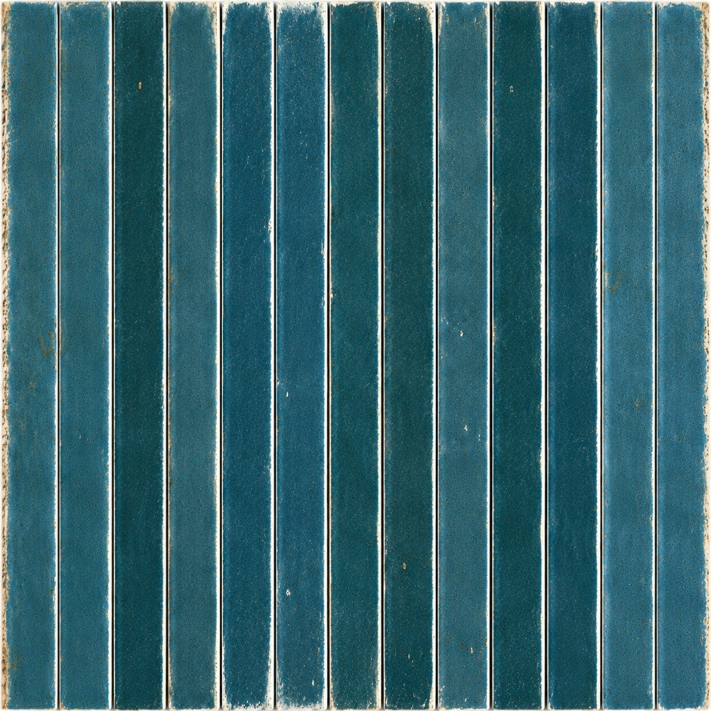 Teal rectangular tiles with vertical slats on a matching teal background