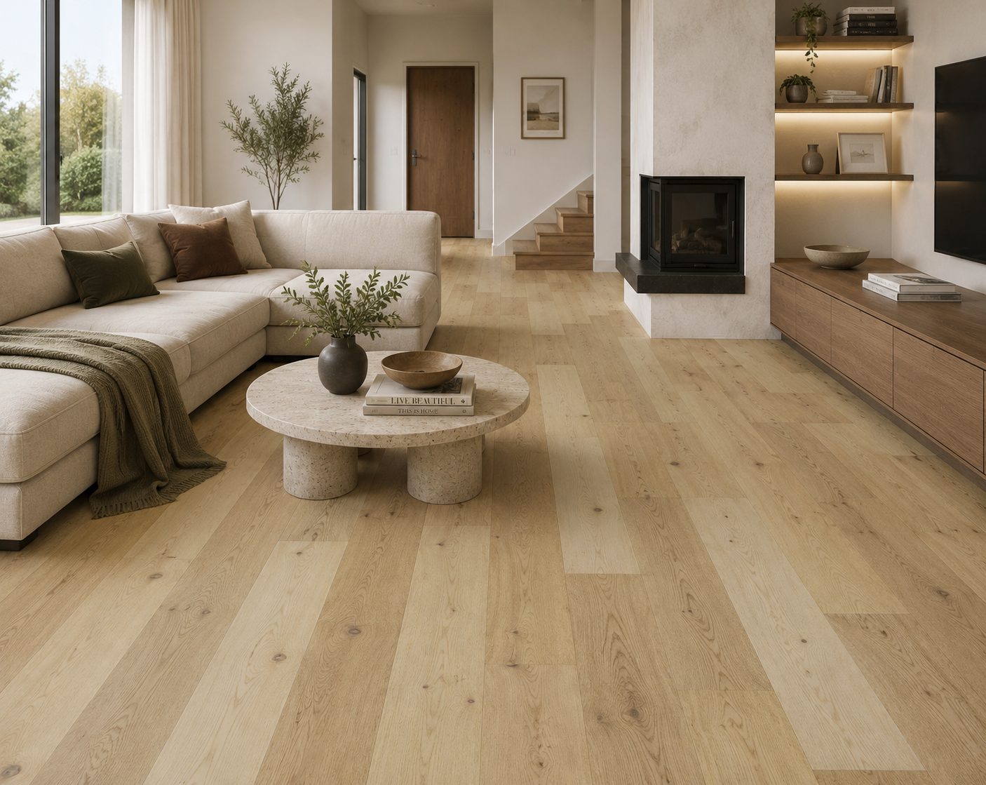 Modern living room with wooden flooring, sectional sofa, and decorative items.