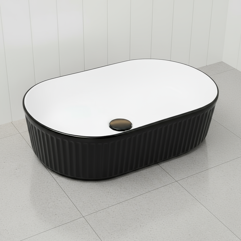 Black and white oval sink on a white background