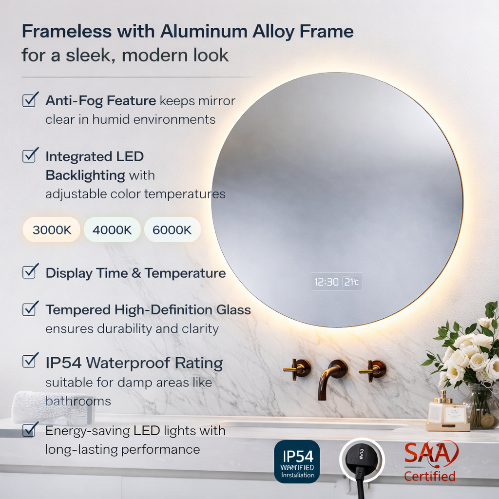 Round mirror with aluminum alloy frame and LED backlighting on a bathroom wall.