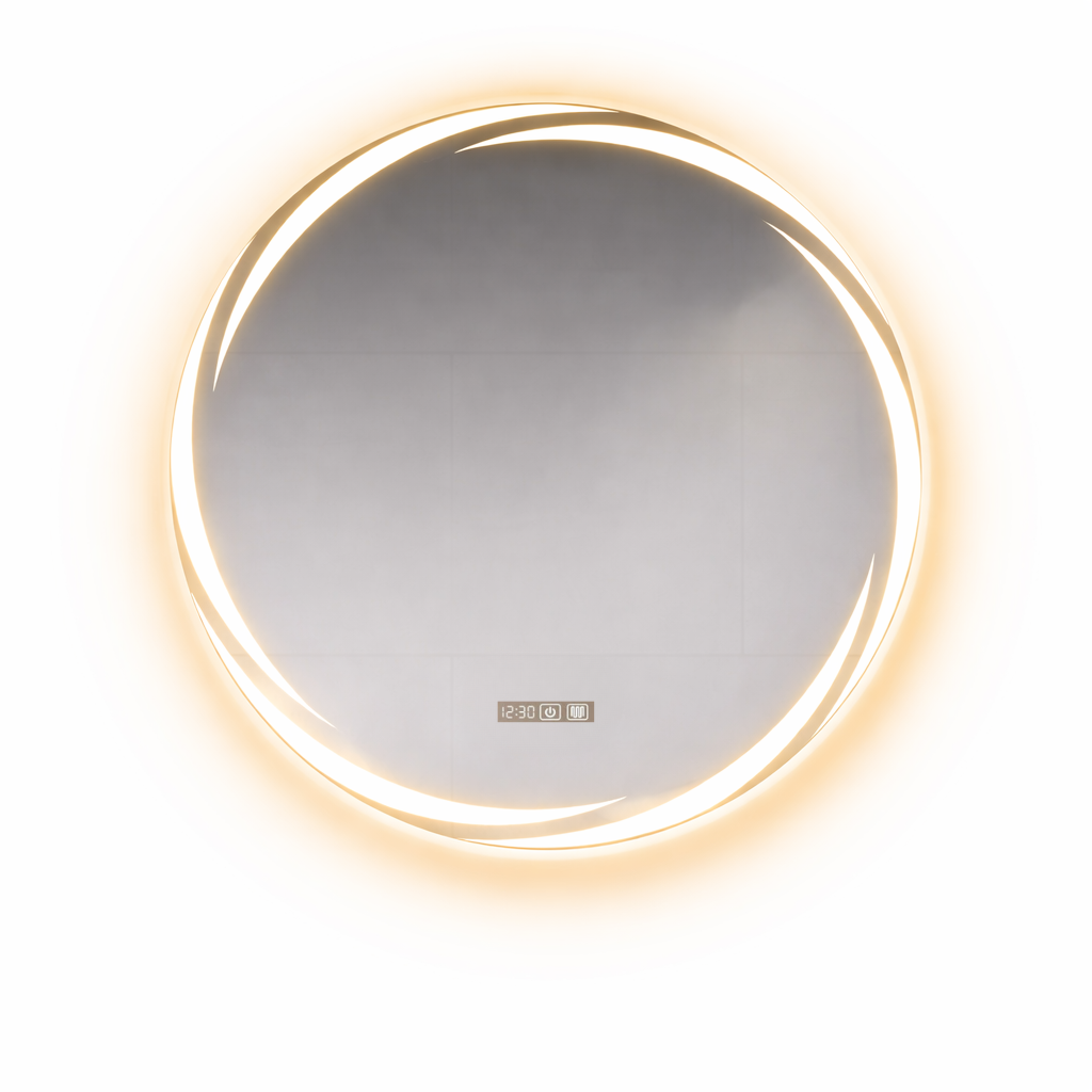 Round mirror with gold frame and digital display on a white background