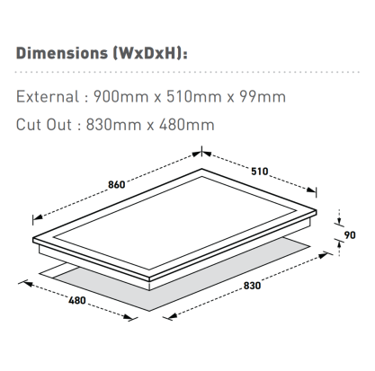 Dimensions diagram of a rectangular object with labeled dimensions.