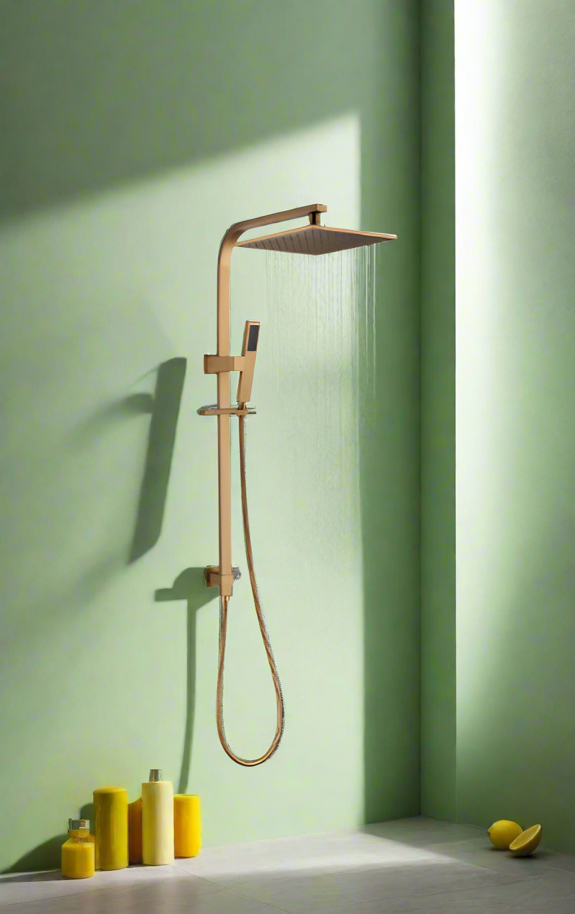 A modern matte black 10-inch twin shower head set with a handheld spray, installed in a bathroom .