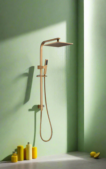 A modern matte black 10-inch twin shower head set with a handheld spray, installed in a bathroom .