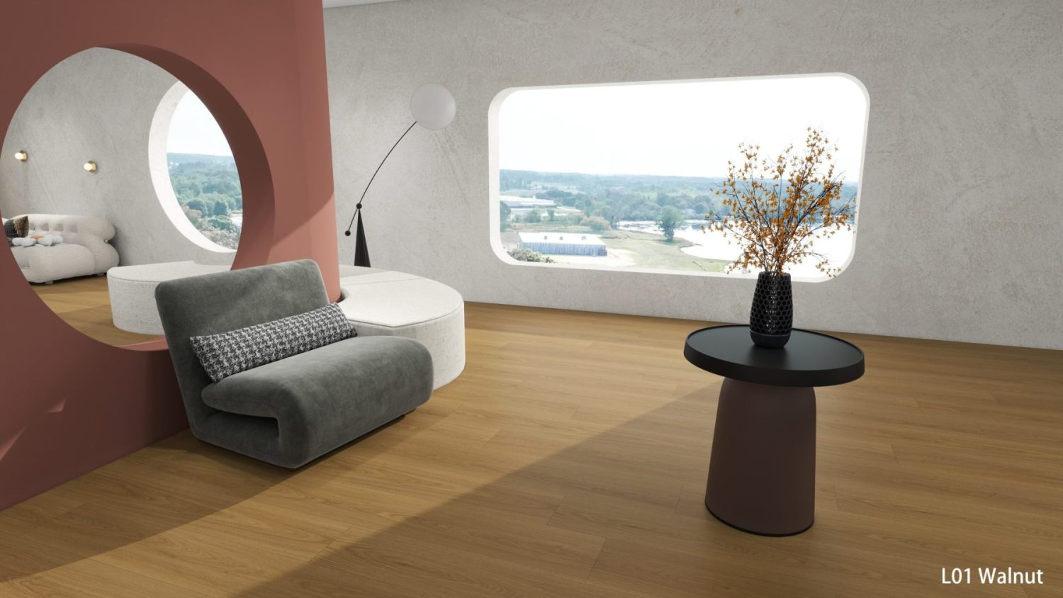 TimberFlow Walnut water-resistant laminate flooring render image