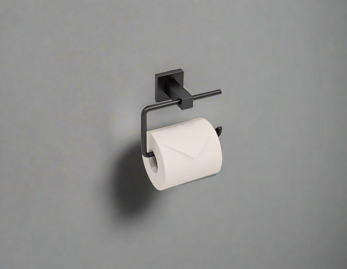 A wall-mounted black stainless steel toilet paper holder with a roll of toilet paper.