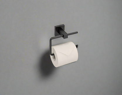 A wall-mounted black stainless steel toilet paper holder with a roll of toilet paper.