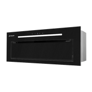 Black wall-mounted range hood with brand logo on a white background