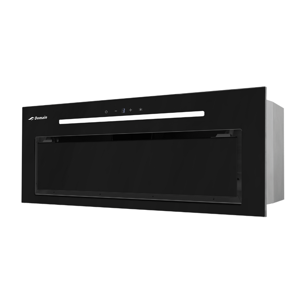 Black wall-mounted range hood with brand logo on a white background