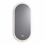 Oval-shaped mirror with a gold frame on a white background