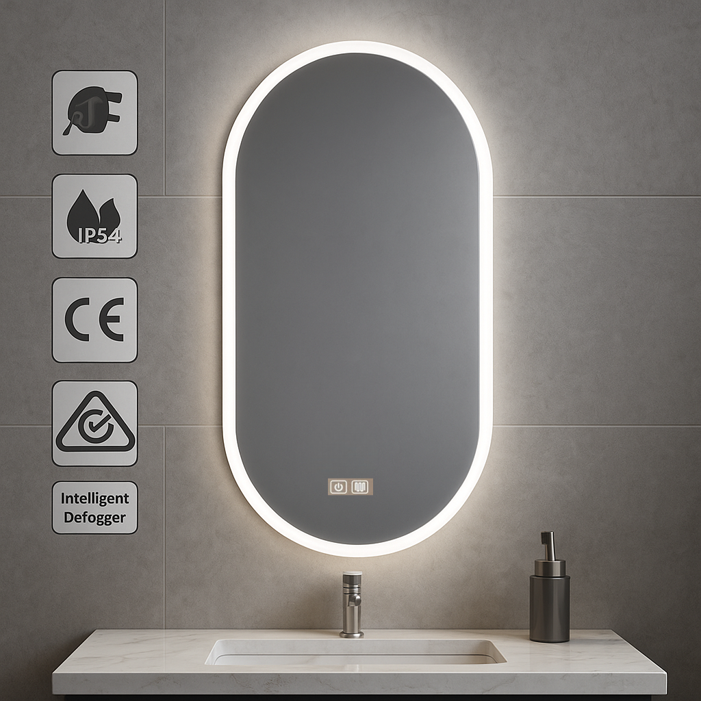 Bathroom vanity with illuminated mirror, sink, and soap dispenser on a gray tiled wall.