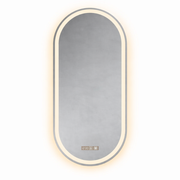 Oval-shaped mirror with a lighted frame on a white background
