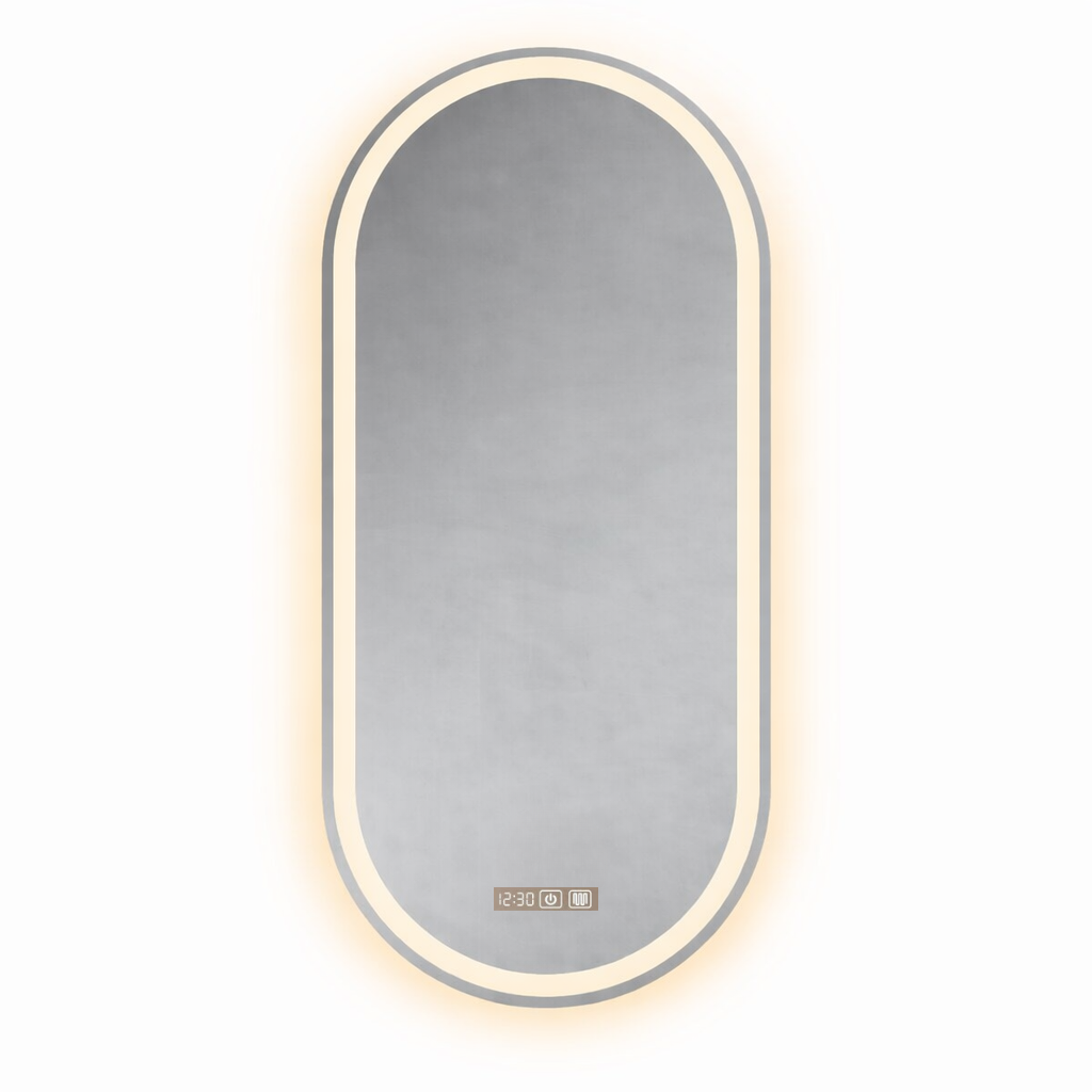 Oval-shaped mirror with a lighted frame on a white background