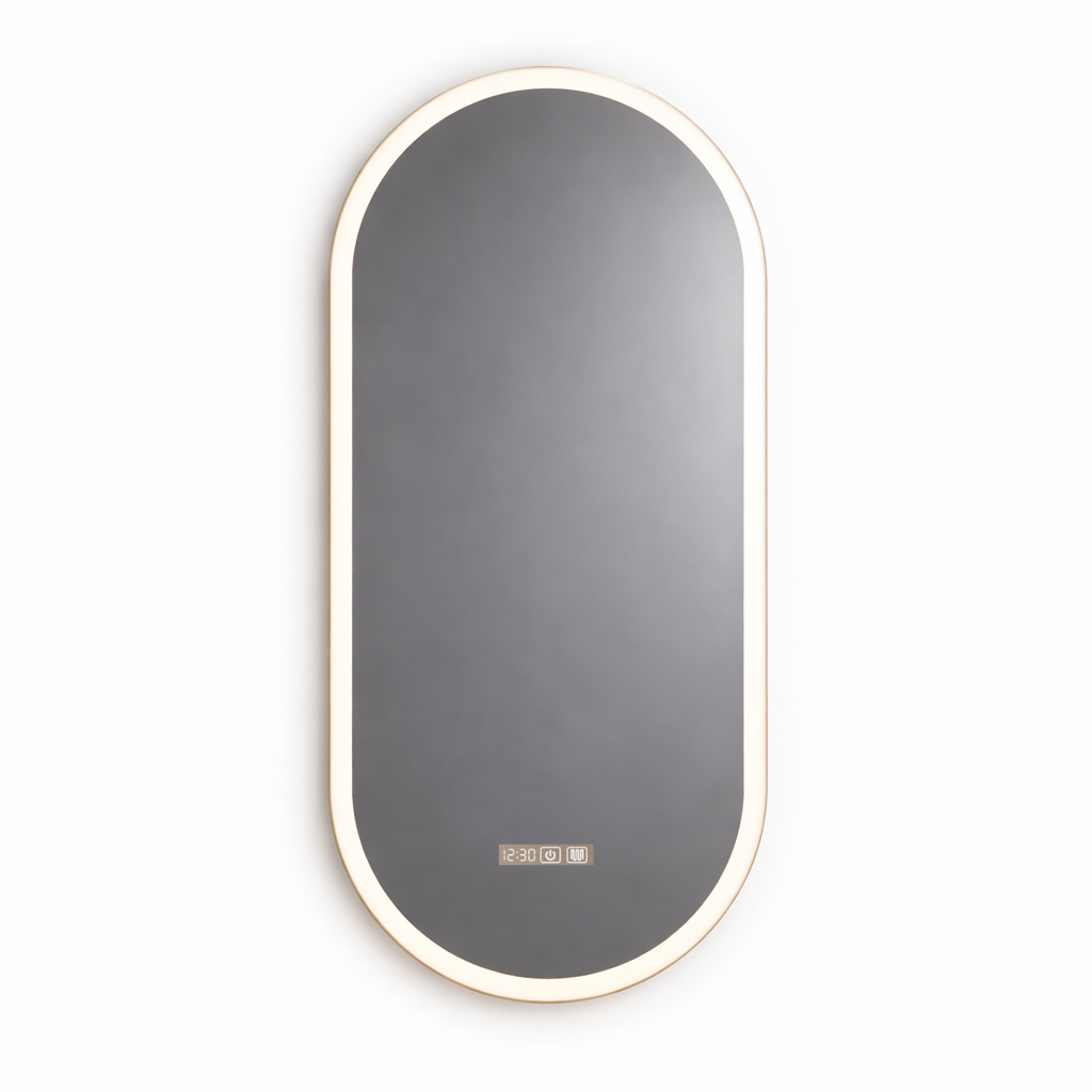 Oval-shaped mirror with a gold frame on a white background