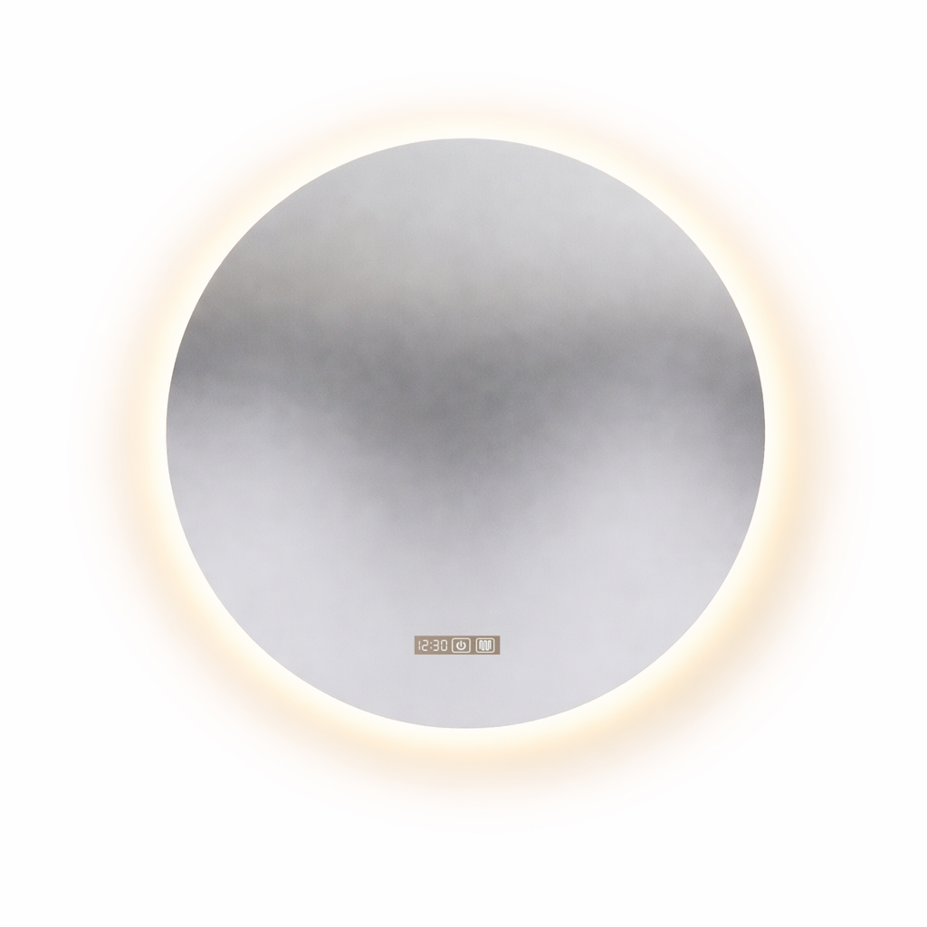 Modern Round Bathroom Frameless LED Wall Mirror – Smart-Touch, Anti-Fog, 3 Light Modes, Time & Temperature Display