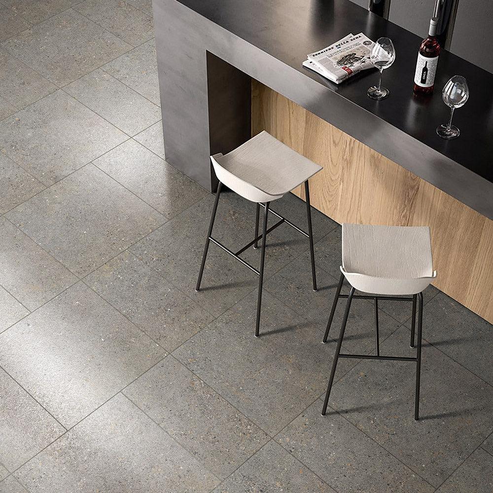 Aggregate concrete-look tile lifestyle setting