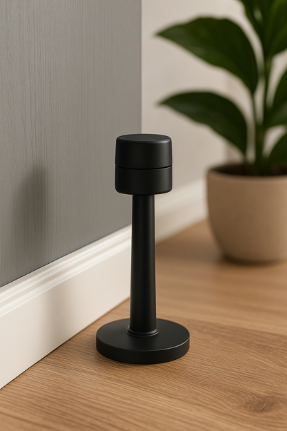 Black cylindrical object on a wooden floor with a plant in the background