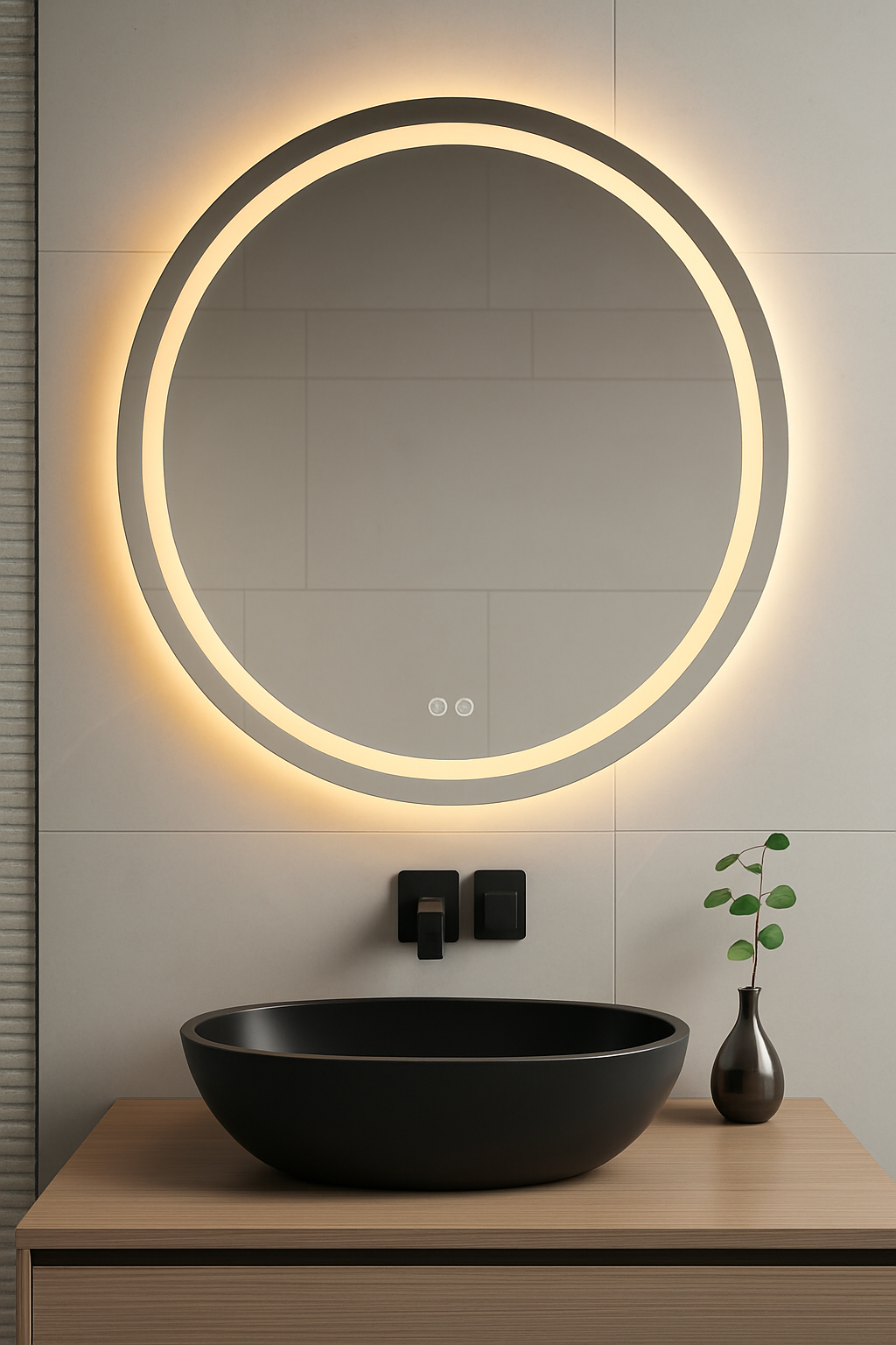 Bathroom with round illuminated mirror, black sink, and small plant.