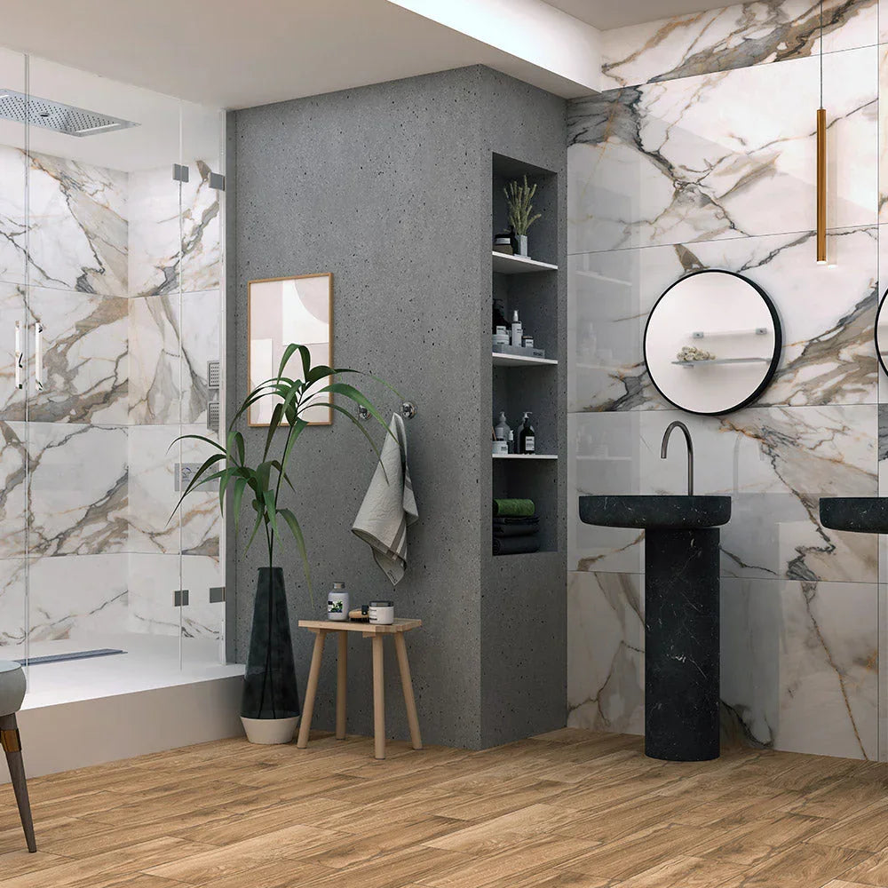Calacutta Aurous marble look porcelain tile room application