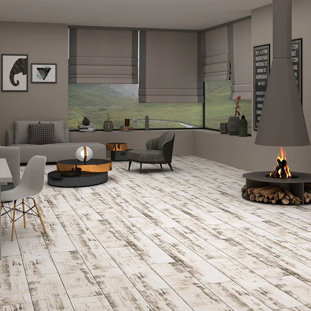 Carbon distressed timber look porcelain tile room application