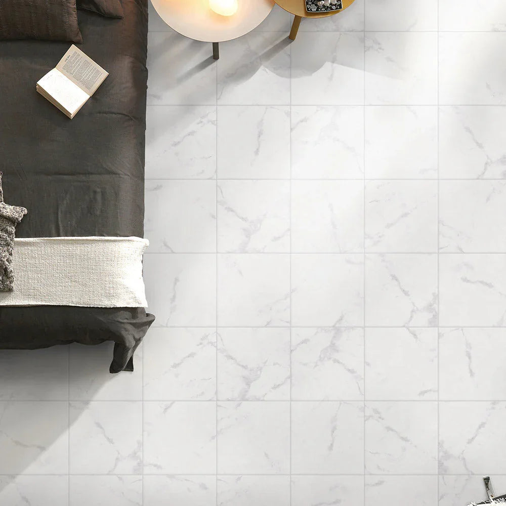 Carrara Bianco marble look tile room application