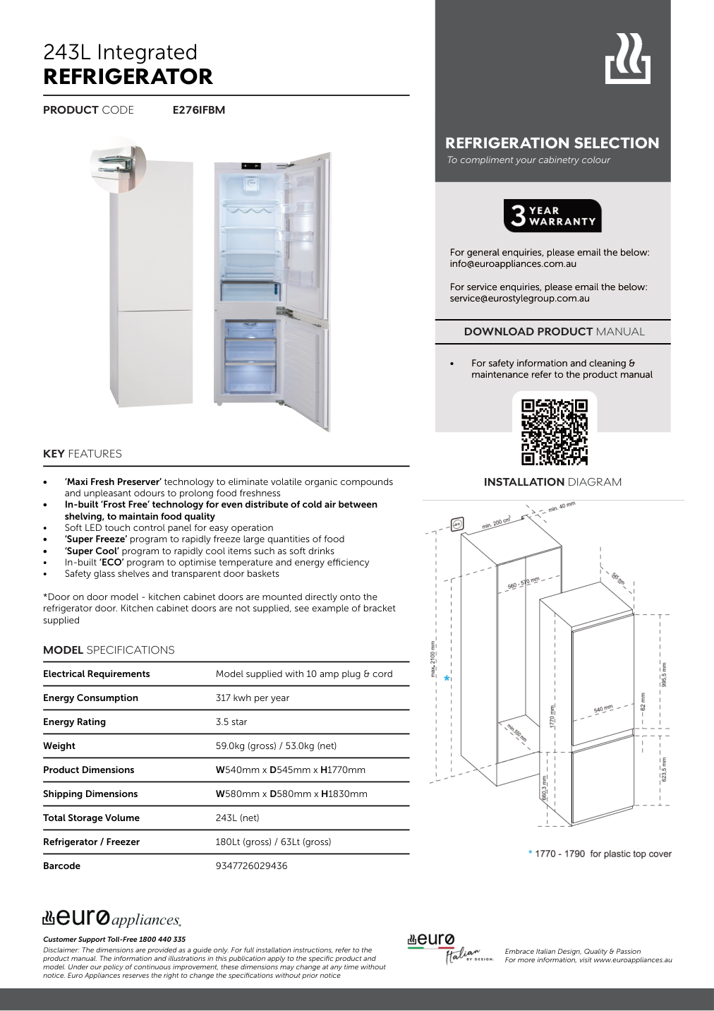 Euro E276IFBM manufacturer technical sheet and dimensions