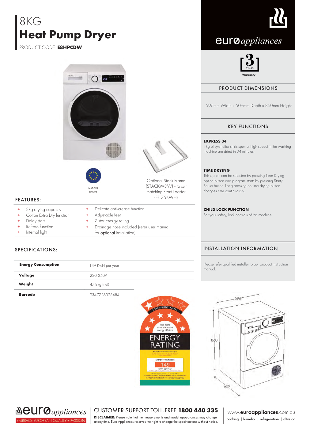 Euro E8HPCDW manufacturer technical sheet and dimensions