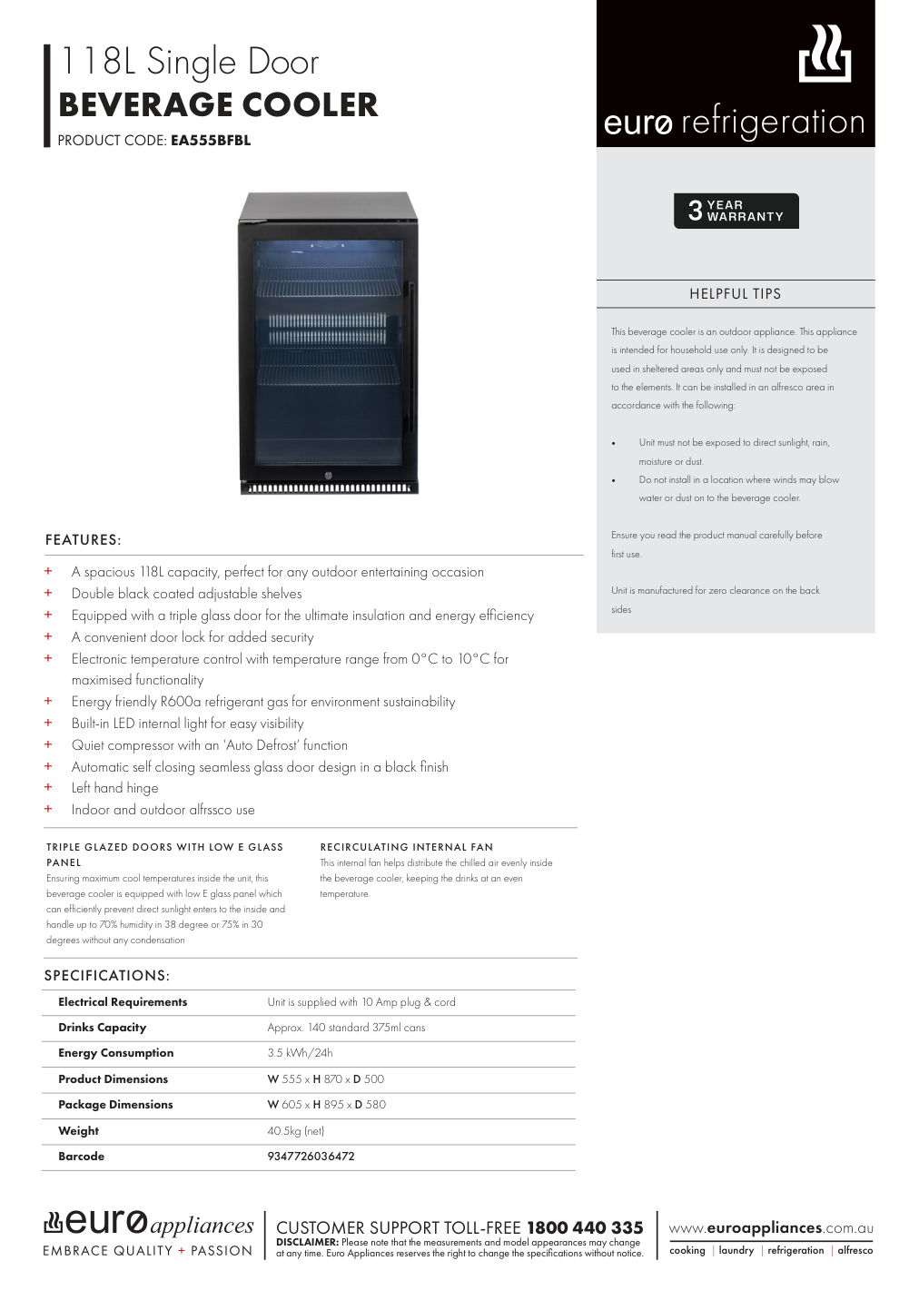 Euro EA555BFBL manufacturer technical sheet and dimensions