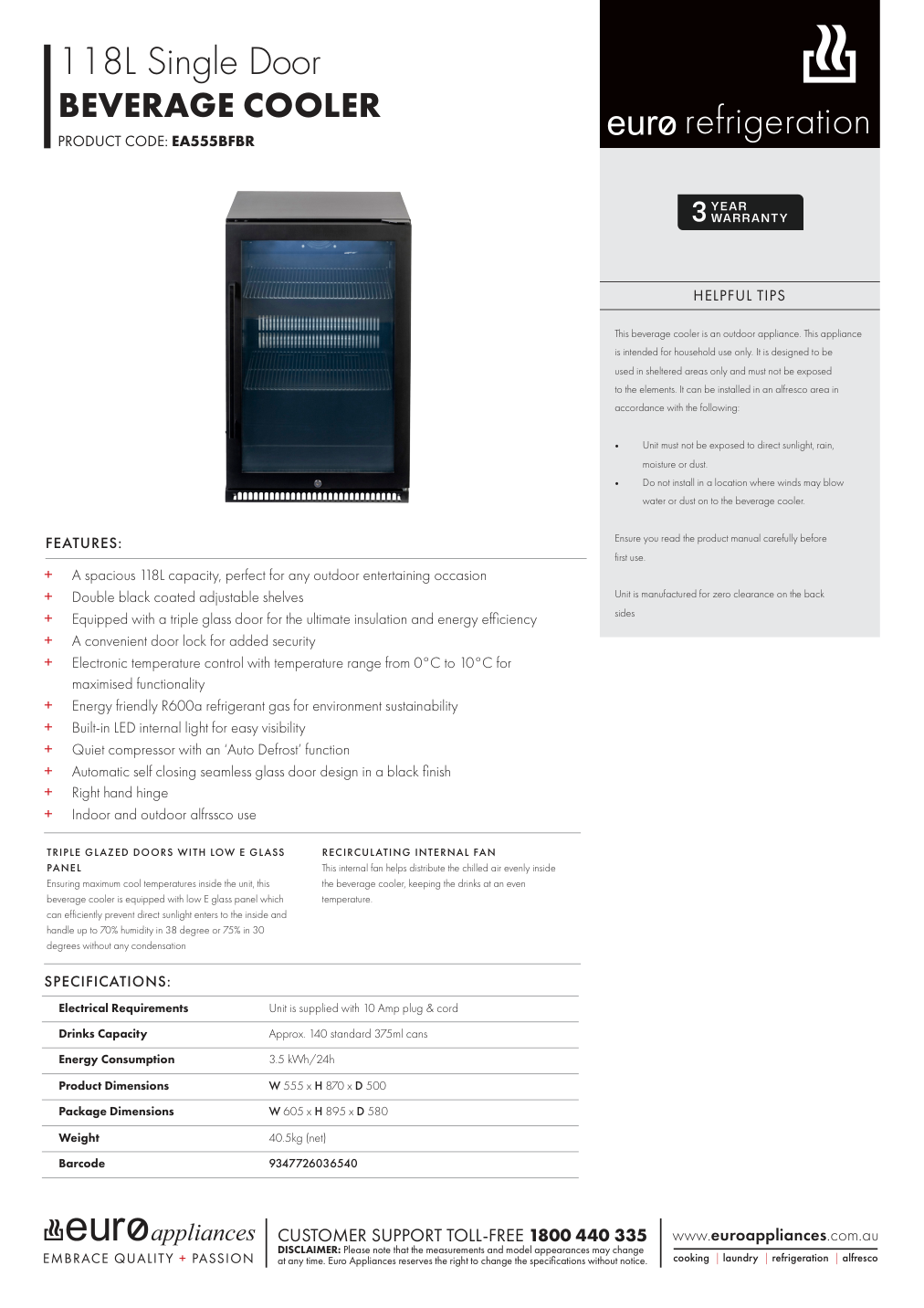 Euro EA555BFBR manufacturer technical sheet and dimensions