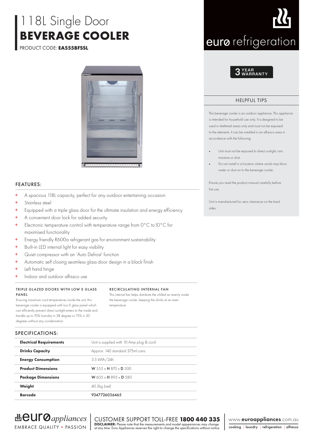 Euro EA555BFSSL manufacturer technical sheet and dimensions