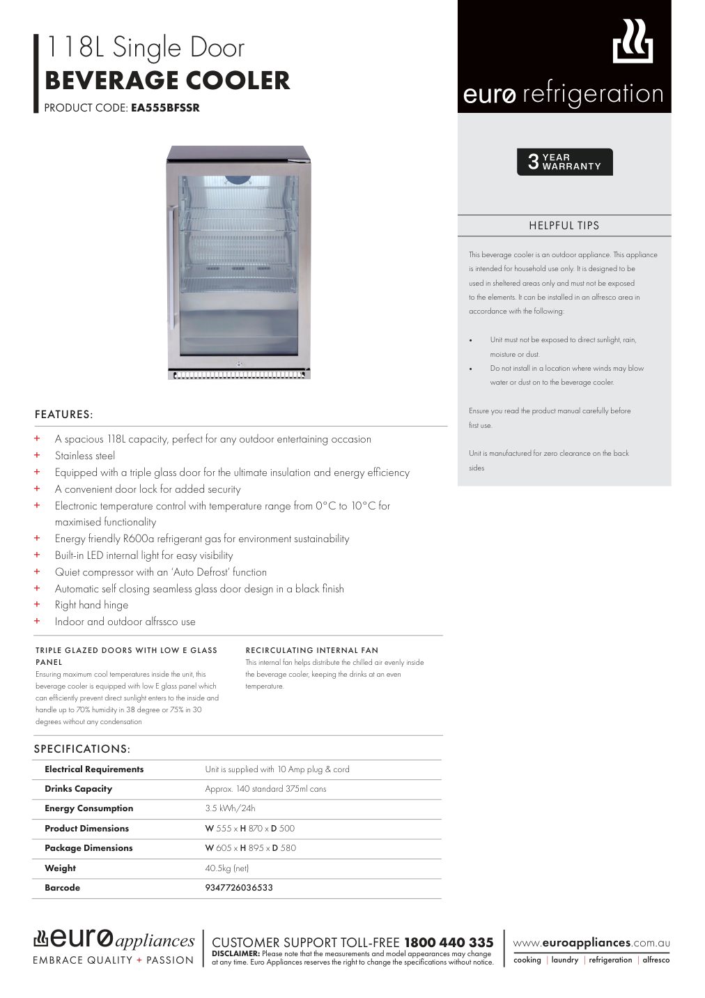 Euro EA555BFSSR manufacturer technical sheet and dimensions