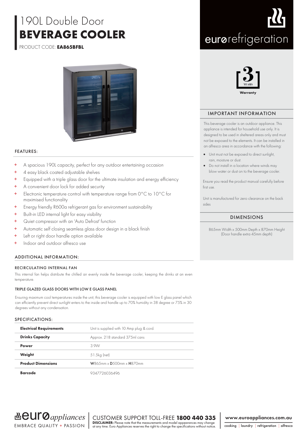Euro EA865BFBL manufacturer technical sheet and dimensions
