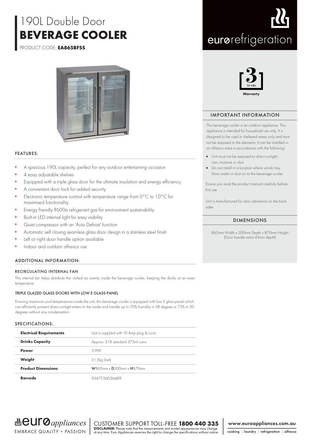 Euro EA865BFSS manufacturer technical sheet and dimensions