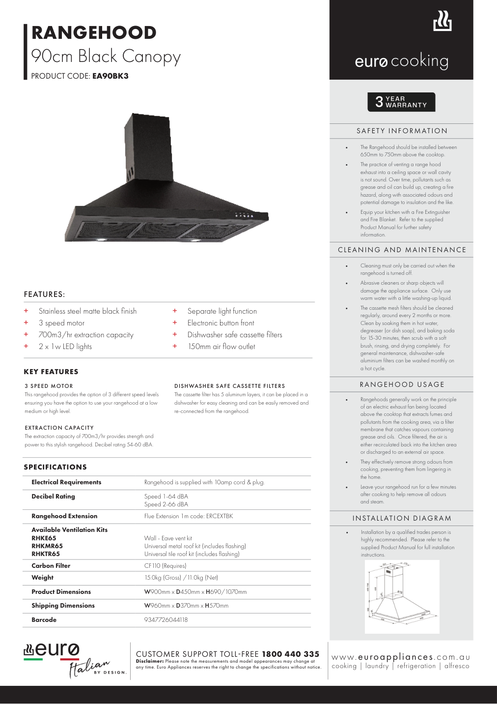 Euro EA90BK3 manufacturer technical sheet and dimensions