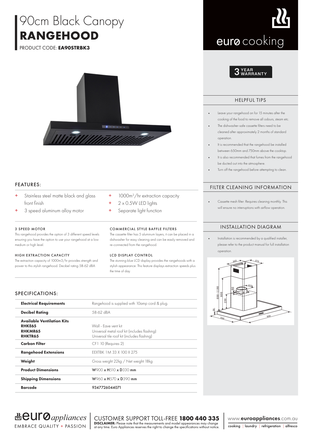 Euro EA90STRBK3 manufacturer technical sheet and dimensions