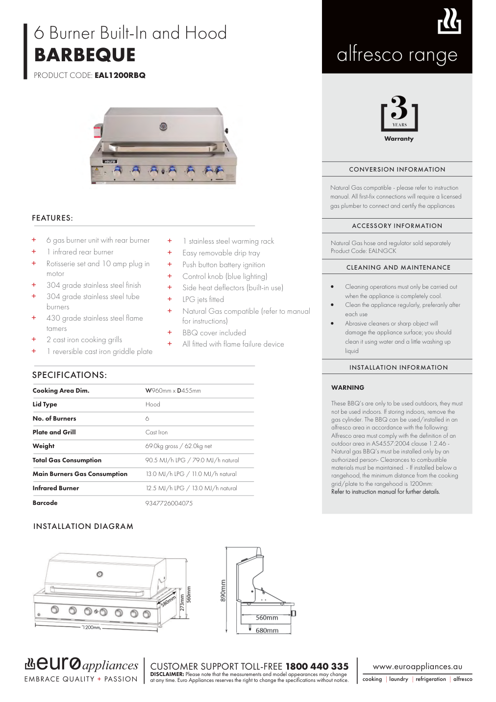 Euro EAL1200RBQ manufacturer technical sheet and dimensions