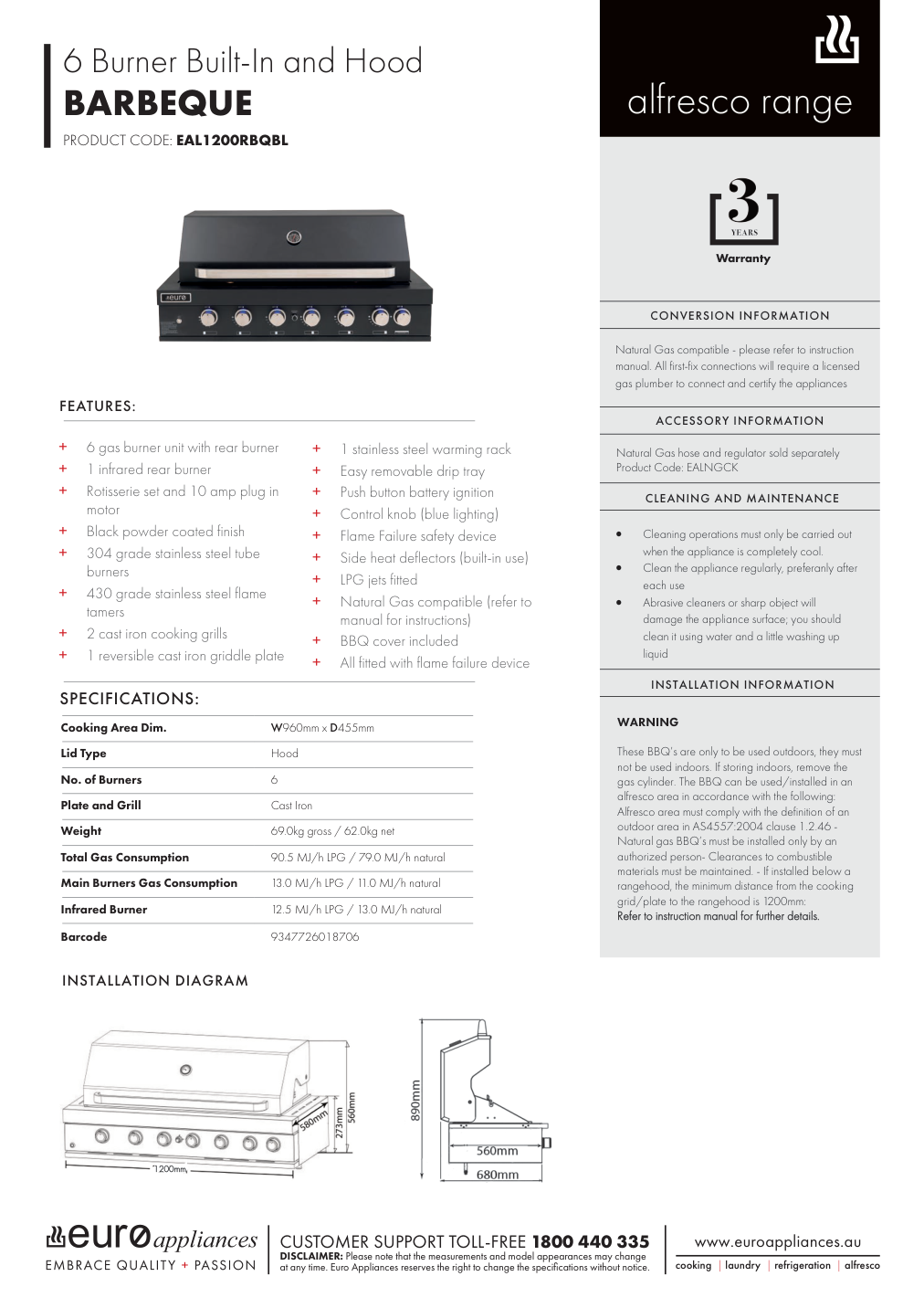 Euro EAL1200RBQBL manufacturer technical sheet and dimensions