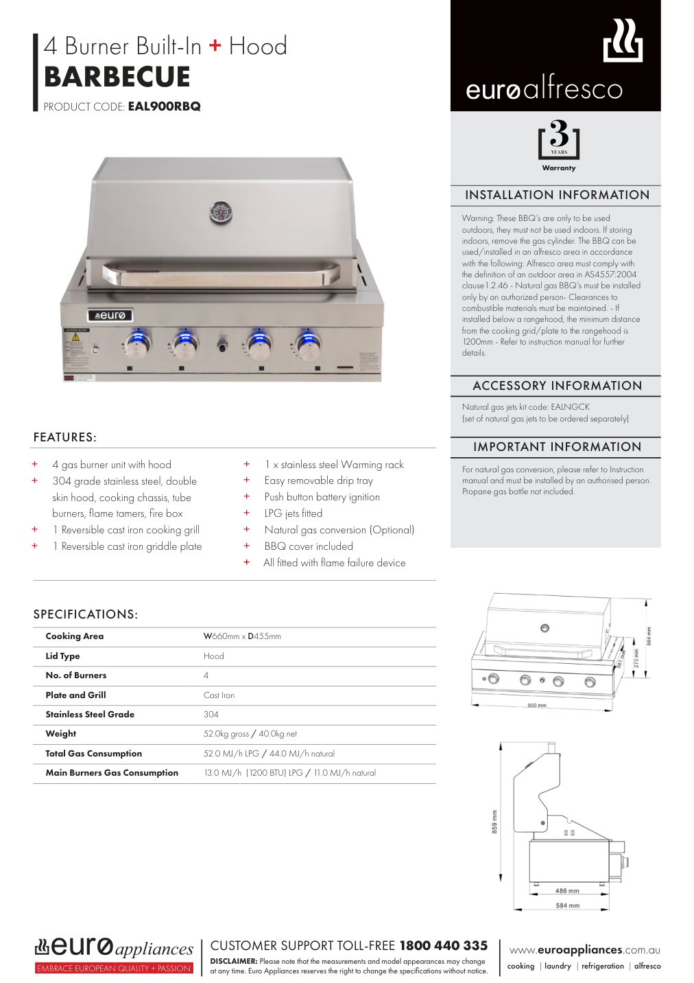 Euro EAL900RBQ manufacturer technical sheet and dimensions